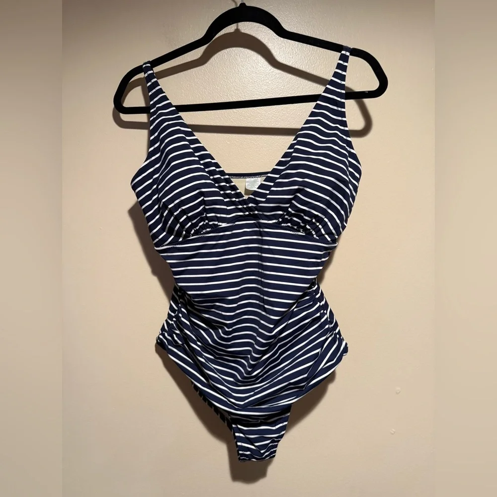 Garnet Hill Navy & White Striped V‑Neck One‑Piece Swimsuit
